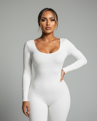 HINNA Plunge Neck Long Sleeve Jumpsuit
