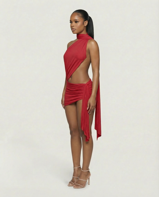 Vestido mini drapeado con escote halter y aberturas ZOLYN