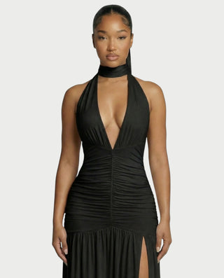 SORAYA Backless Halter Plunge Maxi Dress