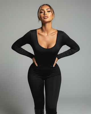 HINNA Plunge Neck Long Sleeve Jumpsuit