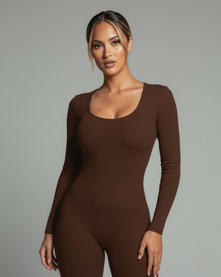HINNA Plunge Neck Long Sleeve Jumpsuit