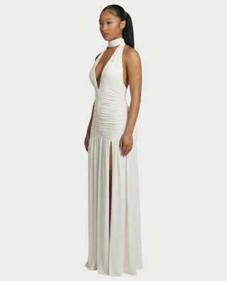 SORAYA Backless Halter Plunge Maxi Dress