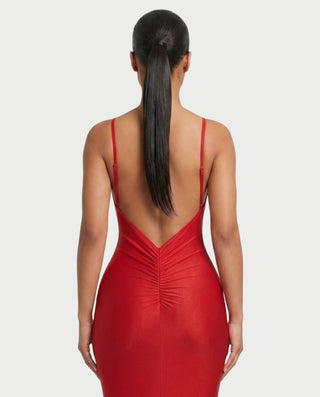 NOVARIA Spaghetti Strap Low-Back Ruched Fishtail Maxi Dress