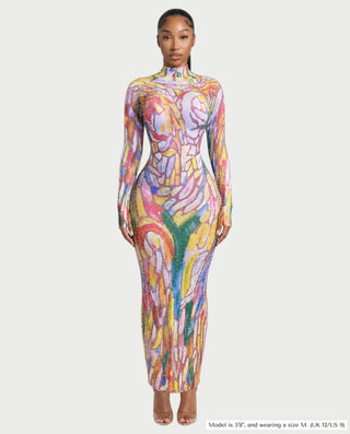 DALLIE Abstract Print Rhinestone Mock Neck Maxi Dress