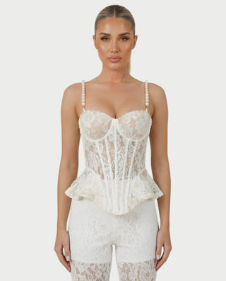 MABELA Sheer Lace Corset Peplum Top & Flared Pants Set