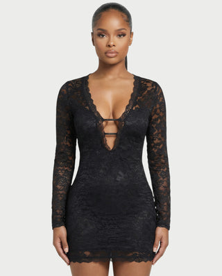 ZAYRIA Deep Plunge Sheer Lace Mini Dress Celestia ZAYRIA Deep Plunge Sheer Lace Mini Dress Celestia