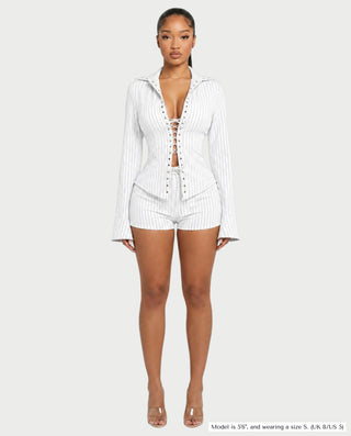 NARY Pinstripe Lace-Up Long-Sleeve Shirt & Mini Shorts Set