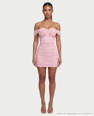 FENIX Floral Appliqué Ruched Off-Shoulder Mini Dress