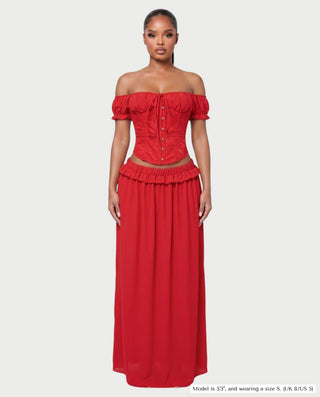 VACY Lace Corset Off-Shoulder Top & Sheer Maxi Skirt Set