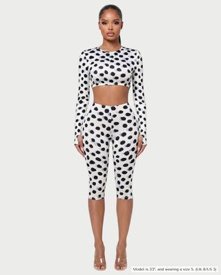 PELINE Polka Dot Long-Sleeve Crop Top & Capri Pants Set
