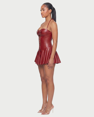 ROXE Lace-Up Halter Faux Leather Mini Dress
