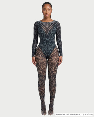 CELESTINE Abstract Print Mesh Bodysuit & Sheer Leggings Set