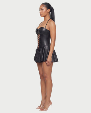 ROXE Lace-Up Halter Faux Leather Mini Dress