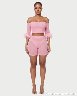 RAMIRA Faux Feather Trim Mesh Top & Shorts Set