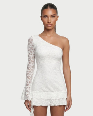 ELORIA One-Shoulder Lace Ruffle Mini Dress
