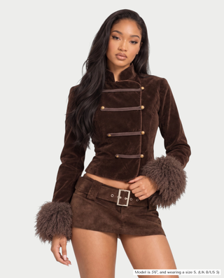 ELINE Suade Feather-Trimmed Lace-Up Back Jacket