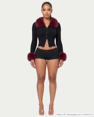 BRIXTON Ribbed Plush-Trim Button-Front Cropped Cardigan
