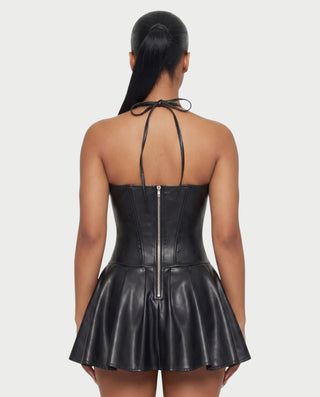 ROXE Lace-Up Halter Faux Leather Mini Dress