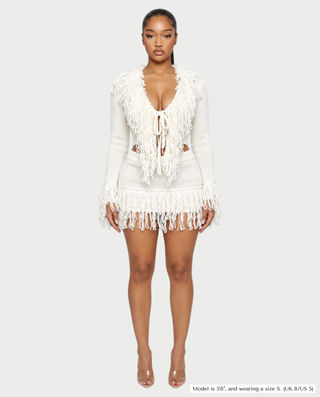 LAIRE Knitted Fringe Tie-Front Cardigan & Mini Skirt Set