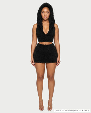 CALLIS Faux Fur Hooded Deep V Crop Top & Mini Skirt Set