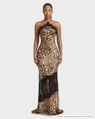 AISLEY Satin Lace Trim Halter Maxi Dress