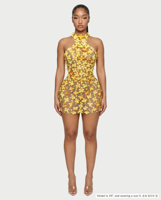 ZARIA Floral Appliqué Rhinestone Halter Mini Dress