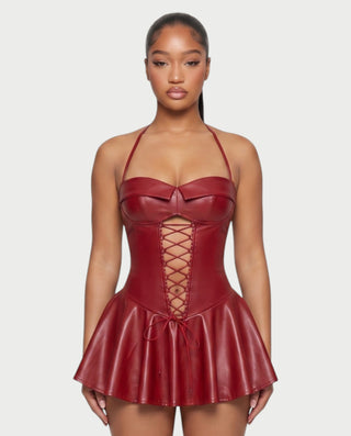 ROXE Lace-Up Halter Faux Leather Mini Dress