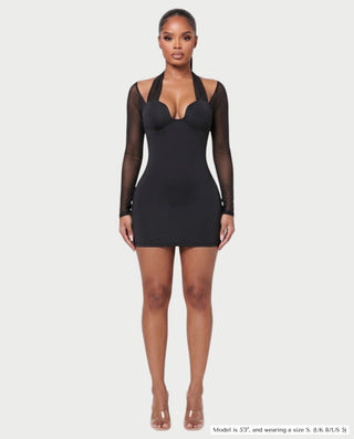 CALRY Sweetheart Halter Mesh Sleeve Mini Dress