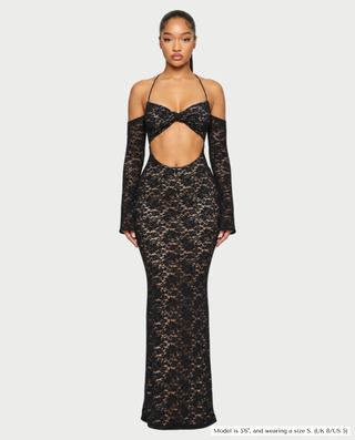 ARVY Floral Lace Halter Cutout Long Sleeve Maxi Dress