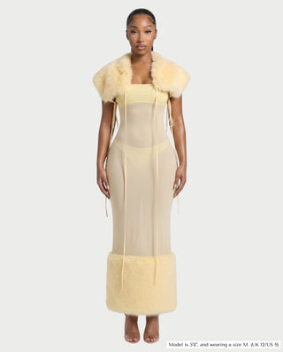 POLINE Faux Fur Cape & Sheer Trimmed Maxi Dress Set