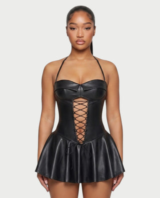 ROXE Lace-Up Halter Faux Leather Mini Dress