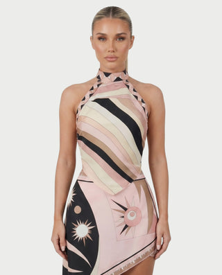 RAMIKA Abstract Halter Top & Asymmetrical Mini Skirt Set