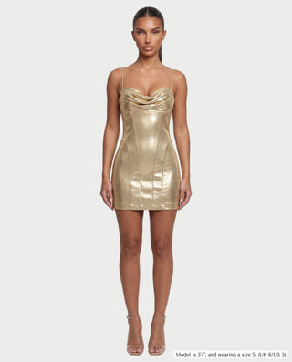 LIVRA Metallic Cowl Neck Mini Dress
