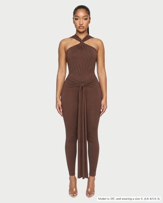 HASEN Cross Halter Neck Draped Sash Jumpsuit
