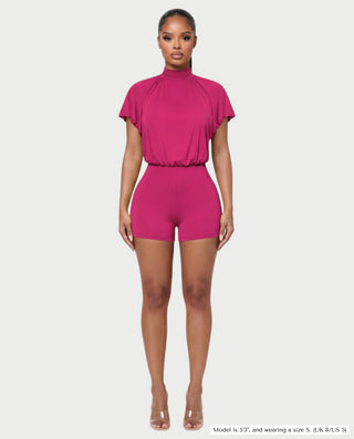 BERNICE Mock Neck Cape Sleeve Open-Back Romper
