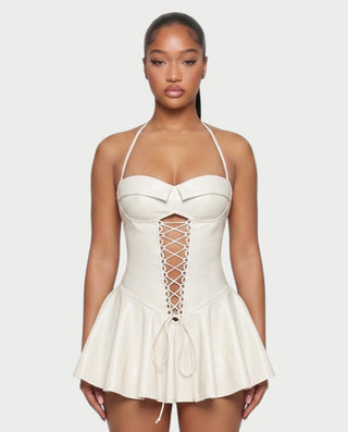 ROXE Lace-Up Halter Faux Leather Mini Dress
