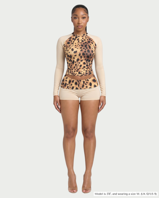 ADAIR Leopard Print Contrast Long Sleeve Top & Mini Shorts Set