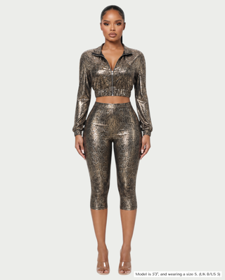 LYRAN Snakeskin Print Cropped Zip-Up Jacket & Capri Pants Set