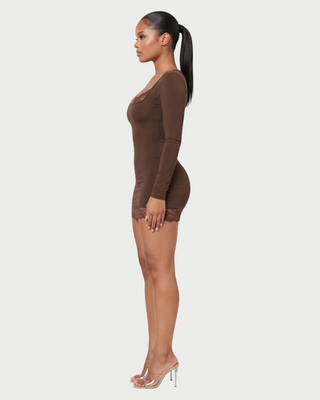 LOREI Lace Trim Square Neck Long Sleeve Mini Dress