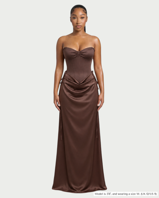 VELIA Corset Ruched Draped Satin Maxi Dress