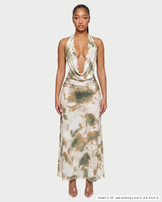 NOEMI Abstract Print Cowl Halter Top & Maxi Skirt Set