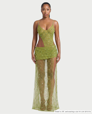 CARRINE Beaded Cutout Ruched Mesh Maxi Dress