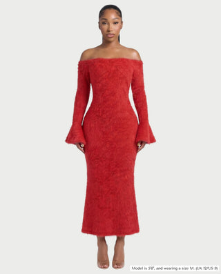 AVELLE Off-Shoulder Fuzzy Bell Sleeve Maxi Dress