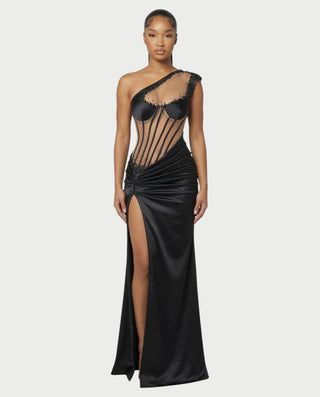 LYXEN One-Shoulder High Slit Corset Maxi Dress