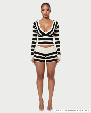 BEVERLY Striped Hooded V-Neck Knit Top & Shorts Set