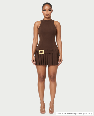 RETTA Mock Neck Belted Pleated Mini Dress