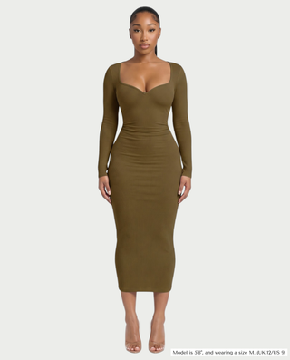 CORA Ribbed Knit Sweetheart Square Neck Midi Dress
