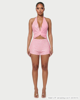 ELISSA Sequin Twist-Front Halter Top & Shorts Set