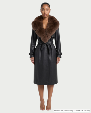RUSILLA Faux Leather Fur Collar Belted Trench Coat