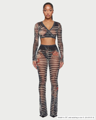 Conjunto de top y pantalón de manga larga con estampado de rayas de malla LAILA